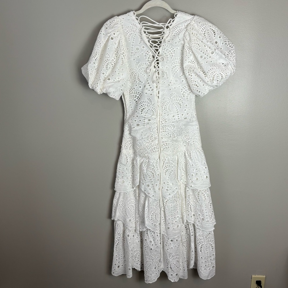NEW FARM Rio White Eyelet Tiered Puff Sleeve Midi Dress‎ Size XS - Picture 11 of 17